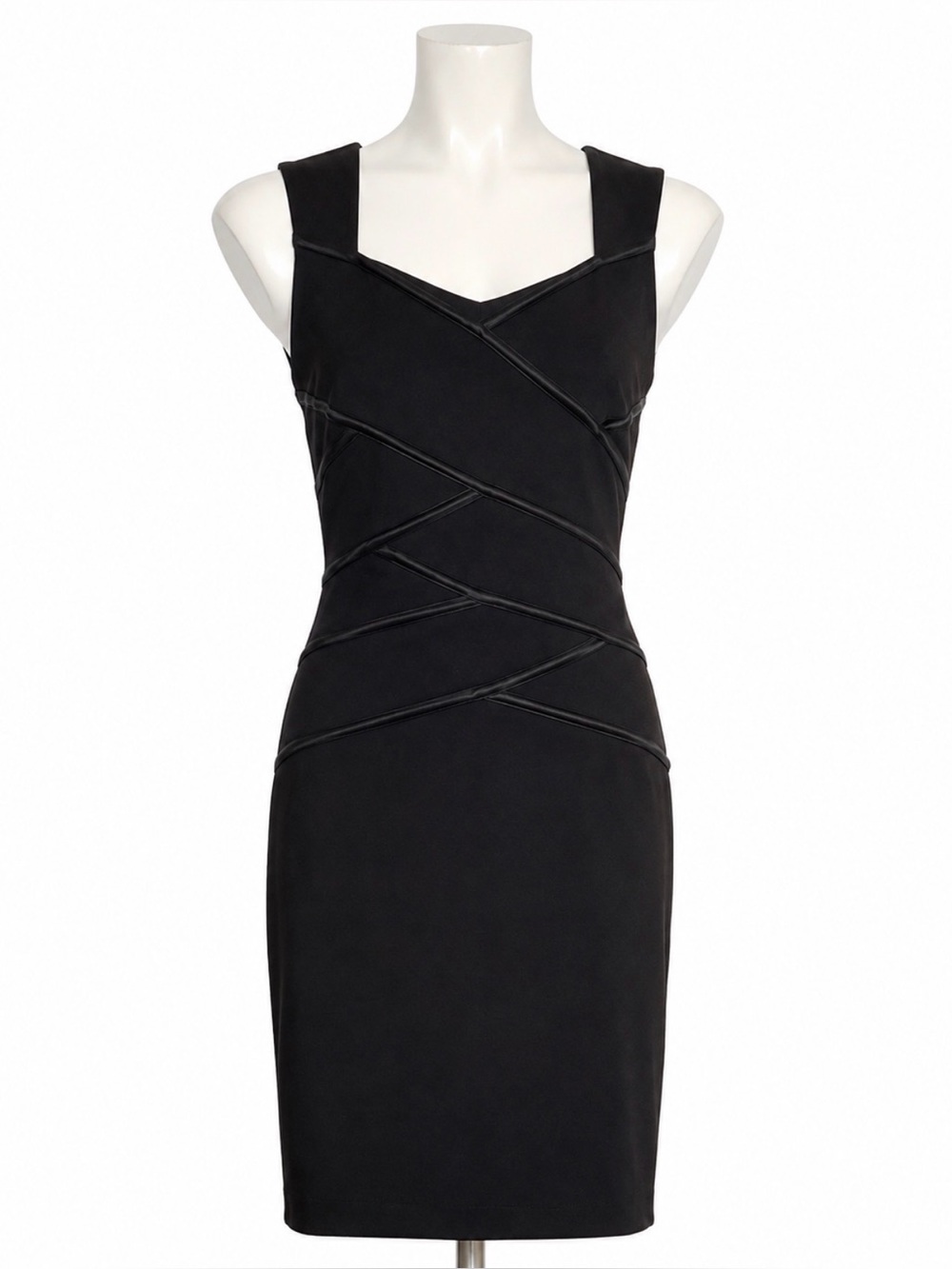 White House Black Market Black Sheath Cocktail Dress Size 6 Faux Leather Trim